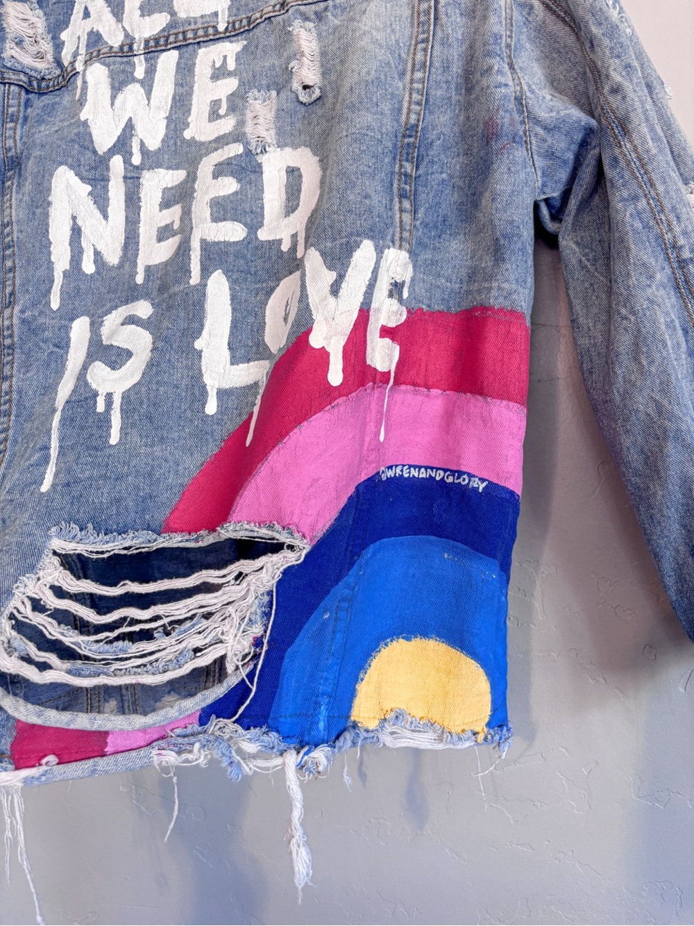 Wren+ Glory All We Need Is Love Distressed Denim Jacket Medium - Picture 6 of 8